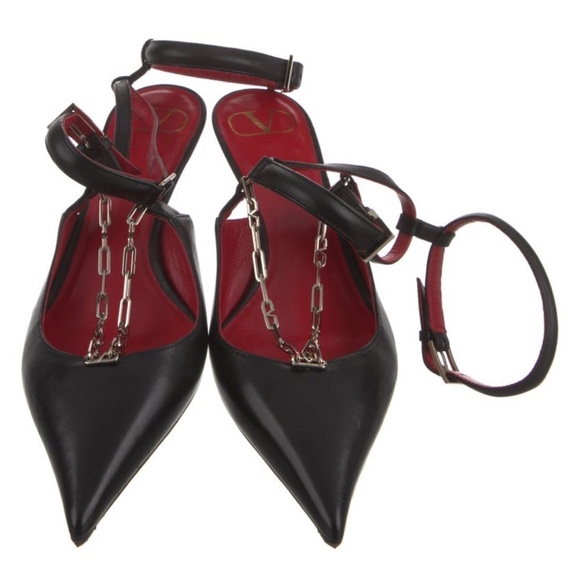 Valentino Black Pointed-Toe Ankle-Strap Kitten Heel Pumps with Red Insole - Picture 6 of 7